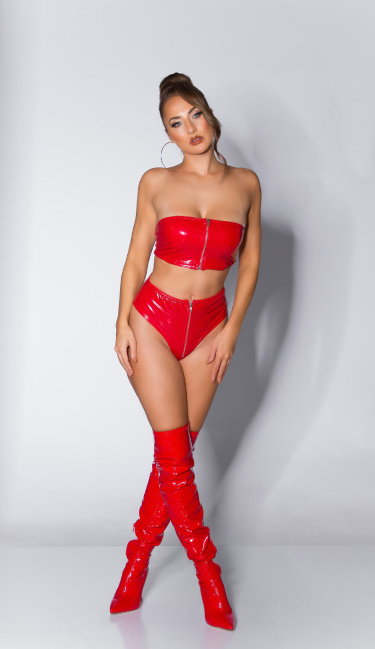 Latex look bandeau top with zip Red